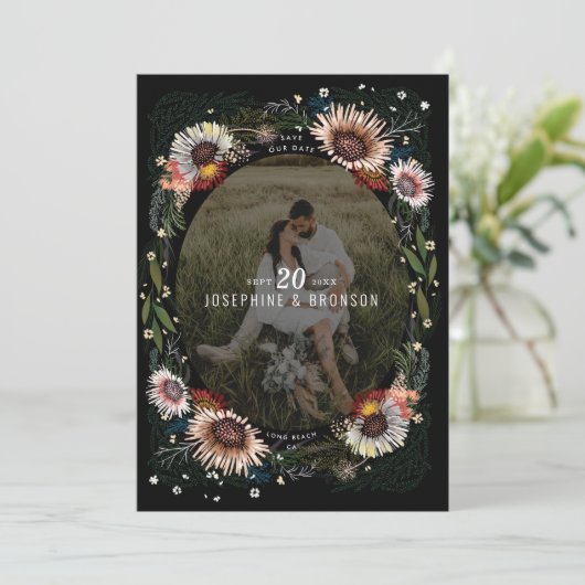 Boho Flowers Foto Zwart Save The Date (Staand voorkant)
