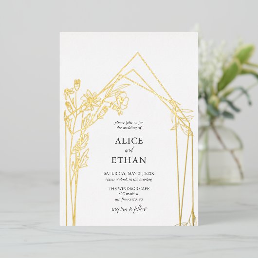 Boho Flowers Geometric Wedding Folie Uitnodiging (Staand Voorkant)