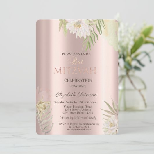 Boho Flowers Glitter Drift Roos Gold Bat Mitzvah Kaart (Staand voorkant)