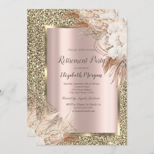 Boho Flowers, Glitter, Roos Gold Pensioen Kaart (Voorkant / Achterkant)