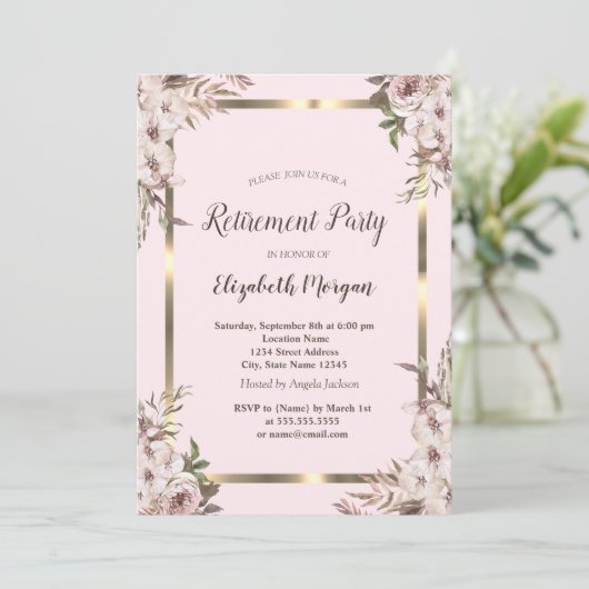 Boho Flowers Goud Lijst Blush Roze Pensioen Kaart (Staand voorkant)