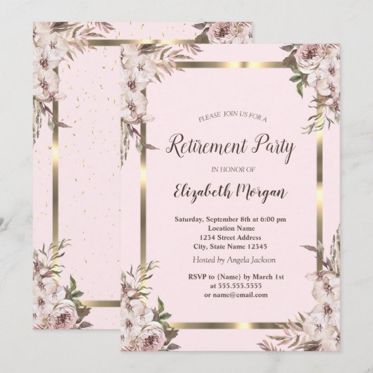 Boho Flowers Goud Lijst Blush Roze Pensioen Kaart (Voorkant / Achterkant)