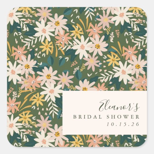  Boho Flowers Green Custom Vrijgezellenfeest Vierkante Sticker (Voorkant)
