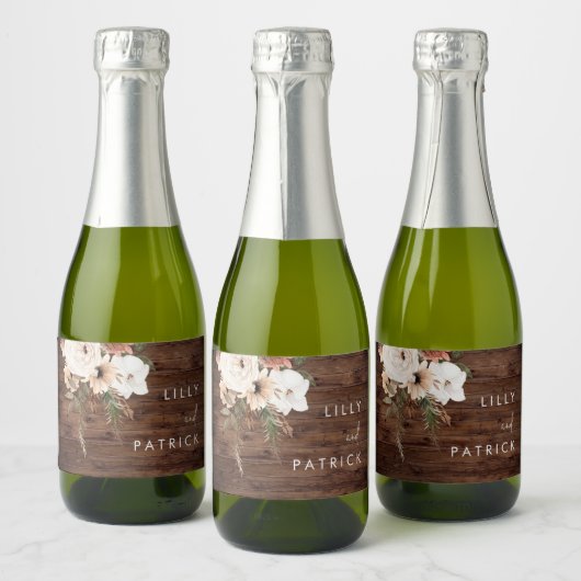 Boho Flowers Herfst Rustiek Houten Bruiloft Sparkling Wijnetiket (Flessen)