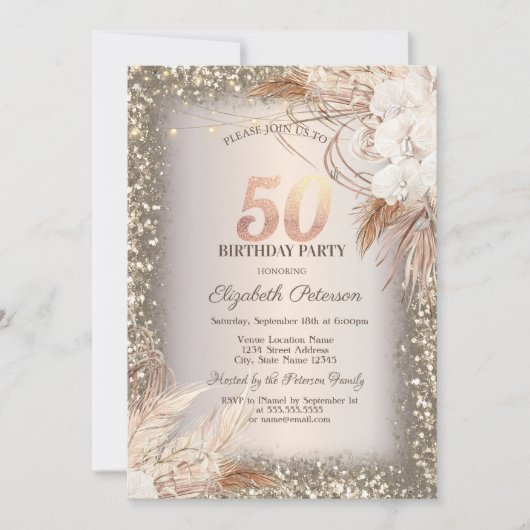 Boho Flowers, Lichten Glitter Lijst 50e Verjaardag Kaart (Voorkant)