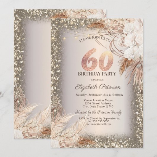 Boho Flowers, Lichten Glitter Lijst 60e Verjaardag Kaart (Voorkant / Achterkant)