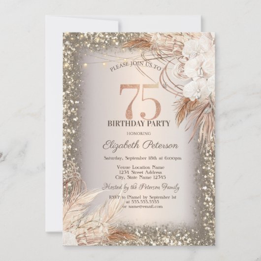 Boho Flowers, Lichten Glitter Lijst 75e Verjaardag Kaart (Voorkant)