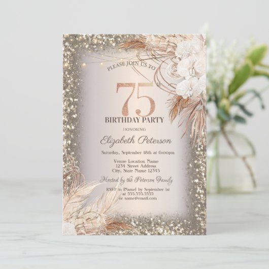 Boho Flowers, Lichten Glitter Lijst 75e Verjaardag Kaart (Staand voorkant)