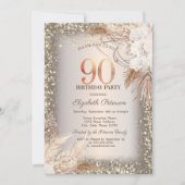 Boho Flowers, Lichten Glitter Lijst 90e Verjaardag Kaart (Voorkant)