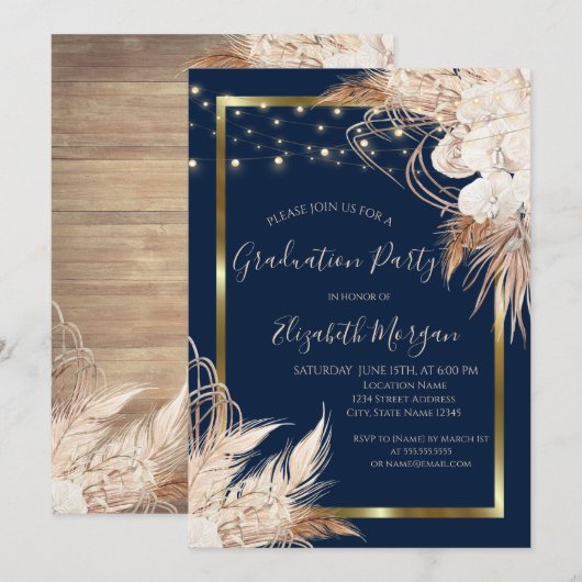 Boho Flowers, Lichten, Hout, Lijst Graduation Part Kaart (Voorkant / Achterkant)