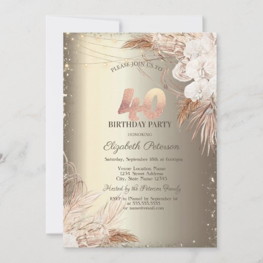 Boho Flowers,Lights Glitter Frame Gold 40th Kaart (Voorkant)
