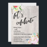 Boho Flowers Lights Rustic Wood Let's Celebrate Kaart<br><div class="desc">In dit unieke, bohemische de uitnodigingsontwerp van de trouwreceptie heb ik een modern handschrift manuscriptdoopvont aan creëer grafische typografiebekledingen gelezen "laten vieren"en "en". Om de tekst te lijsten heb ik rommelige sprays geplaatst van kleurrijke boho-waterverf bloemen en afbeeldingen die jumelende lichten weergeven over een subtiele bleke weersachtergrond. Vul de lege...</div>