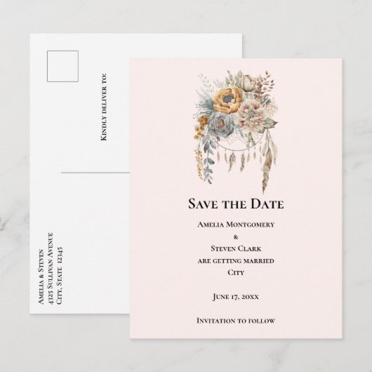 Boho Flowers met een Dreamcatcher Bewaar de datum Aankondigingskaart (Voorkant / Achterkant)