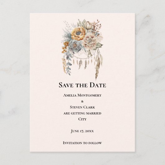 Boho Flowers met een Dreamcatcher Bewaar de datum Aankondigingskaart (Voorkant)