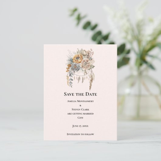 Boho Flowers met een Dreamcatcher Bewaar de datum Aankondigingskaart (Staand voorkant)