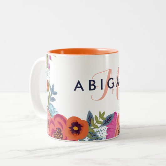 Boho Flowers - Naam en monogram Tweekleurige Koffiemok (Voorkant links)