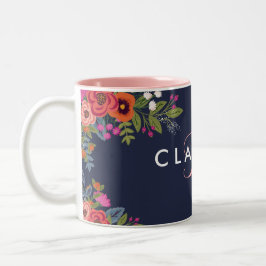 Boho Flowers - Navy Blue met roze monogram Tweekleurige Koffiemok
