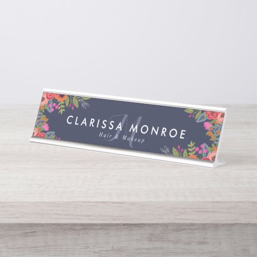 Boho Flowers - Navy Blue - Monogram Bureau Naambordje (Voorkant)