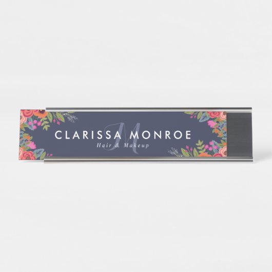 Boho Flowers - Navy Blue - Monogram Bureau Naambordje (Voorkant)