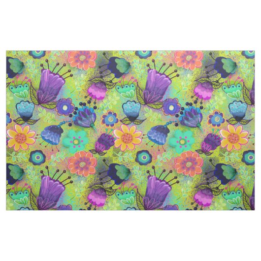 Boho Flowers op Peridot Green Stof (Fat Quarter)