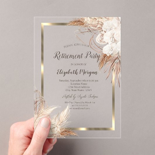 Boho Flowers Pampas Grass Gold Lijst Pensioen Acryl Uitnodigingen (Insitu (Draagbaar))