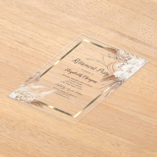 Boho Flowers Pampas Grass Gold Lijst Pensioen Acryl Uitnodigingen (Laagn)