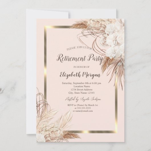 Boho Flowers Pampas Grass Gold Lijst Pensioen Kaart (Voorkant)