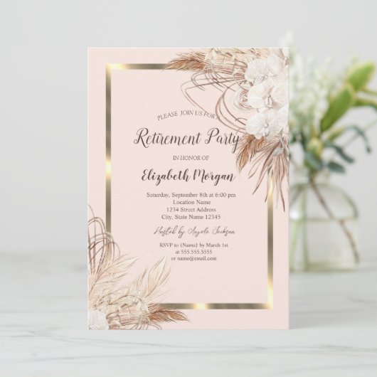 Boho Flowers Pampas Grass Gold Lijst Pensioen Kaart (Staand voorkant)