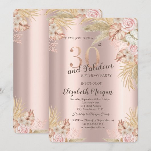 Boho Flowers, Pampas Grass Roos Goud 30e Verjaarda Kaart (Voorkant / Achterkant)