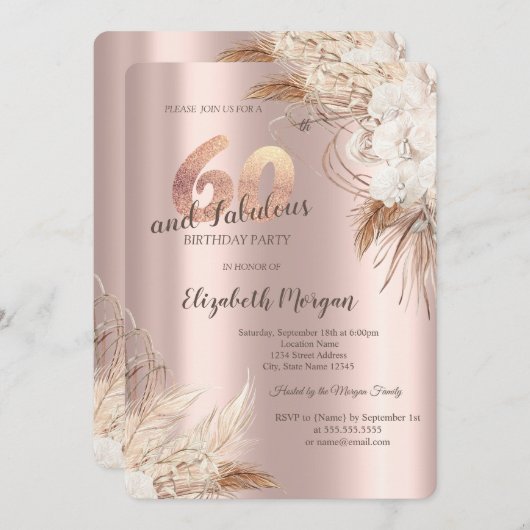 Boho Flowers Pampas Grass Roos Goud 60e Verjaardag Kaart (Voorkant / Achterkant)