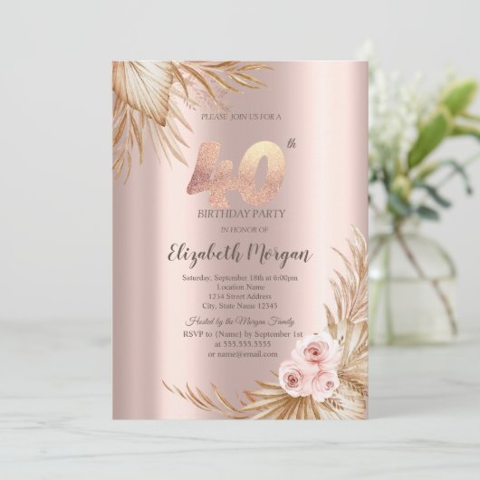 Boho Flowers Pampas Roos Gold 40e verjaardag Kaart (Staand voorkant)