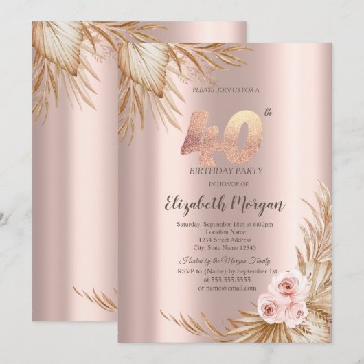 Boho Flowers Pampas Roos Gold 40e verjaardag Kaart (Voorkant / Achterkant)