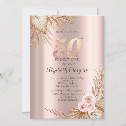 Boho Flowers Pampas Roos Gold 50ste verjaardag Kaart (Voorkant)