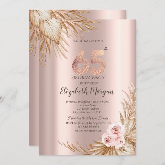 Boho Flowers Pampas Roos Gold 65e verjaardag Kaart (Voorkant / Achterkant)