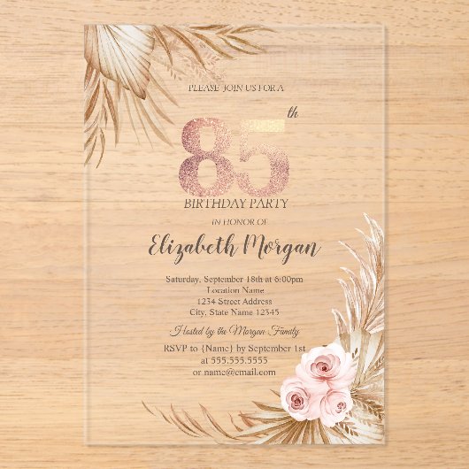 Boho Flowers Pampas Roos Gold 85e verjaardag Acryl Uitnodigingen (Voorkant)