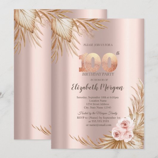 Boho Flowers Pampas Roos Goud 100e Verjaardag Kaart (Voorkant / Achterkant)