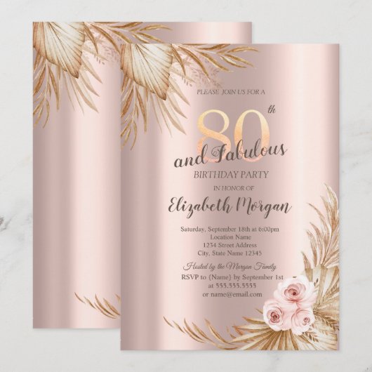 Boho Flowers Pampas Roos Goud 80e Verjaardag Kaart (Voorkant / Achterkant)