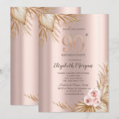 Boho Flowers Pampas Roos Goud 90e Verjaardag Kaart (Voorkant / Achterkant)