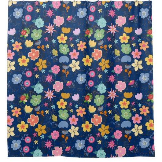 Boho Flowers Pattern B01.b DBlue BG Douchegordijn (Voorkant)