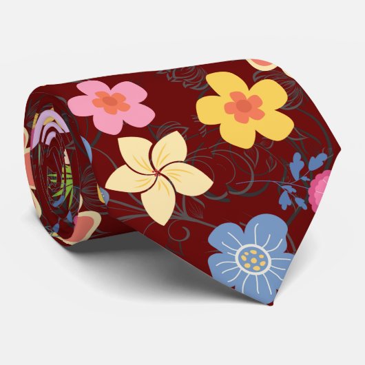 Boho Flowers Pattern B01.b DRed BG Stropdas (Opgerold)