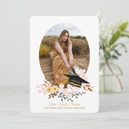 Boho Flowers & Pet Afstuderen Fotouitnodiging Kaart (Staand voorkant)