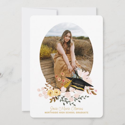 Boho Flowers & Pet Afstuderen Fotouitnodiging Kaart (Voorkant)