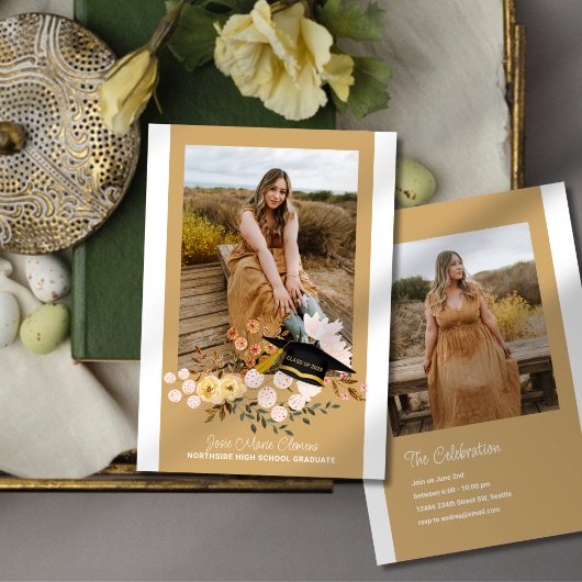 Boho Flowers & Pet Afstuderen Fotouitnodiging Kaart