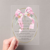 Boho Flowers Pink Bow Girl Baptism Transparent   Acryl Uitnodigingen (Insitu (Draagbaar))