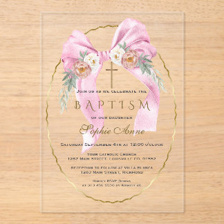 Boho Flowers Pink Bow Girl Baptism Transparent   Acryl Uitnodigingen