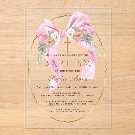Boho Flowers Pink Bow Girl Baptism Transparent   Acryl Uitnodigingen (Voorkant)