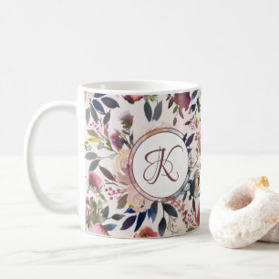 Boho Flowers Pink Sage Green Monogramed Koffiemok