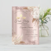 Boho Flowers Roos First Holy Communion Kaart (Staand voorkant)