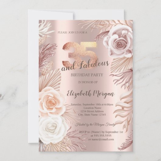 Boho Flowers Roos Gold 35e verjaardagsfeestje Kaart (Voorkant)