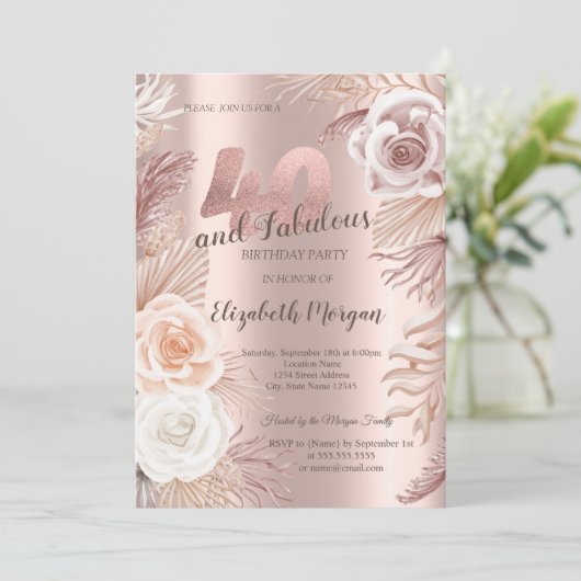 Boho Flowers Roos Gold 40th Birthday Party Kaart (Staand voorkant)